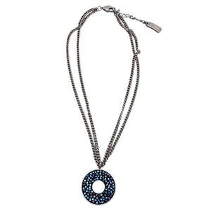 B-JWLD Israel Swarovski Blue Crystals Disc Pendant Double Chain Necklace